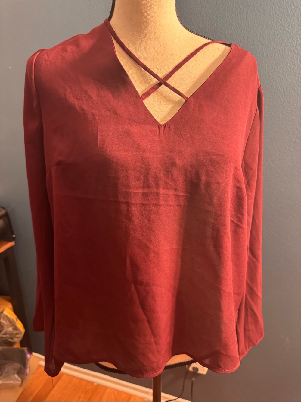 Lily White Burgundy Crisscross V-Neck Long Sleeve Blouse